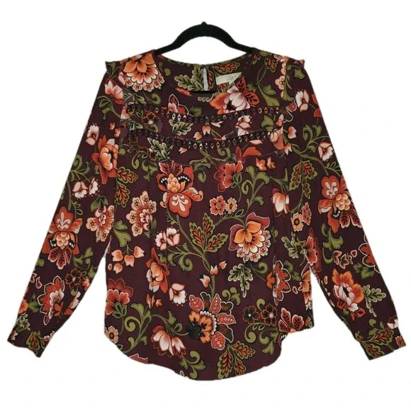 LOFT Floral Print Ruffle Blouse Womens Small Top Long Sleeve Round Neck Boho - Picture 1 of 10